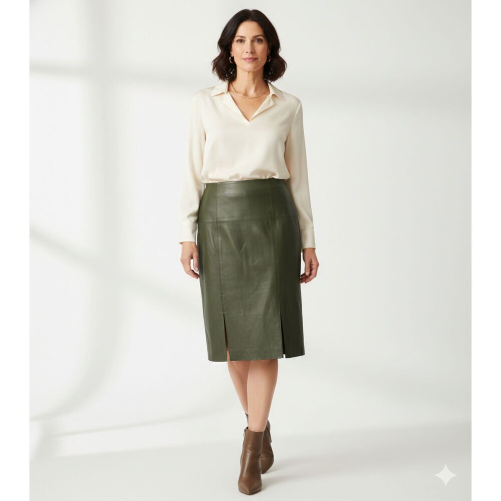 Worth New York Fern Green Leather Midi Skirt Seamed Slim Luxe Minimalist Sz 10